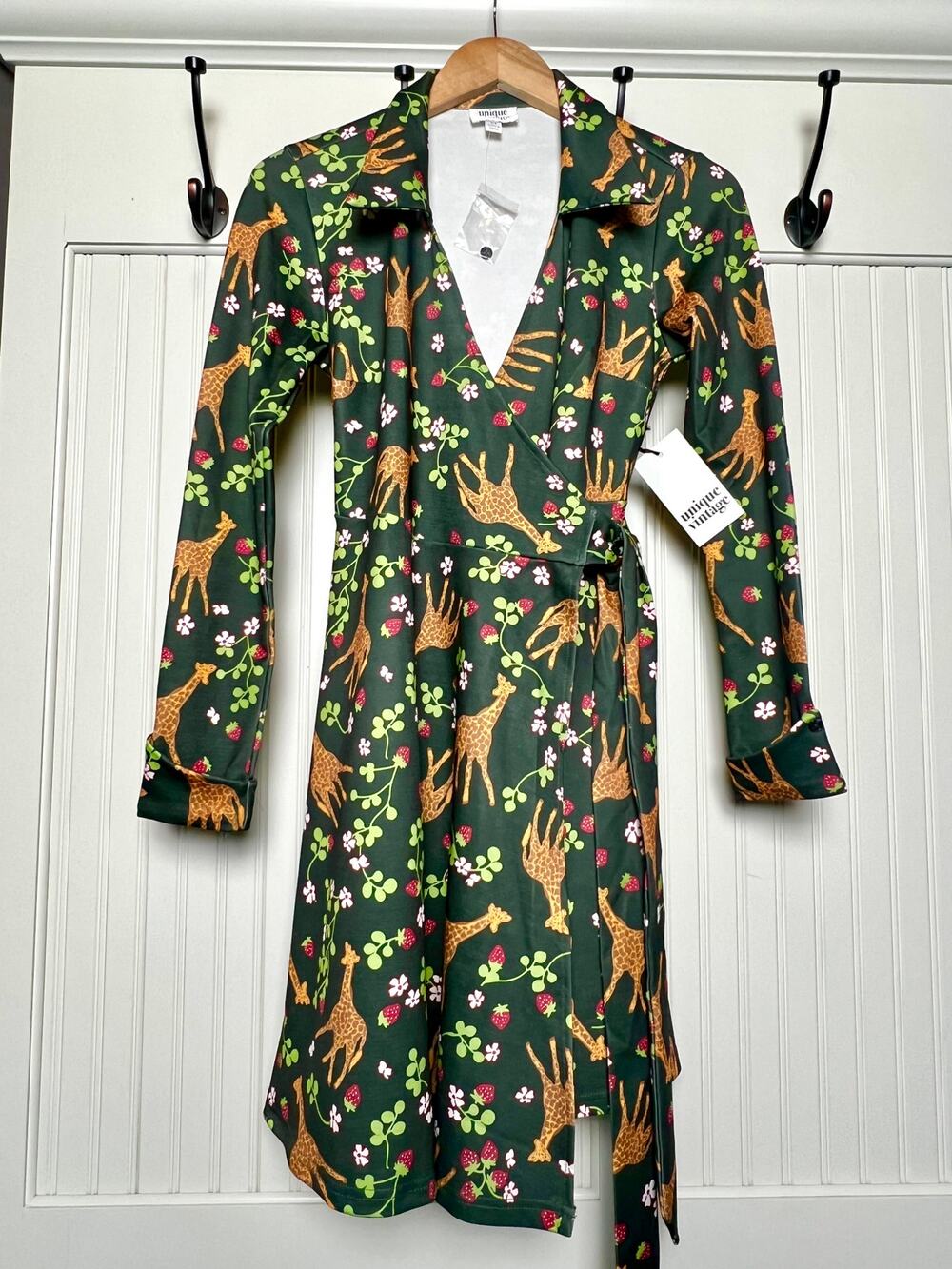 NWT Unique Vintage Giraffe Novelty Print Wrap Dress Cottagecore Whimsical  S
